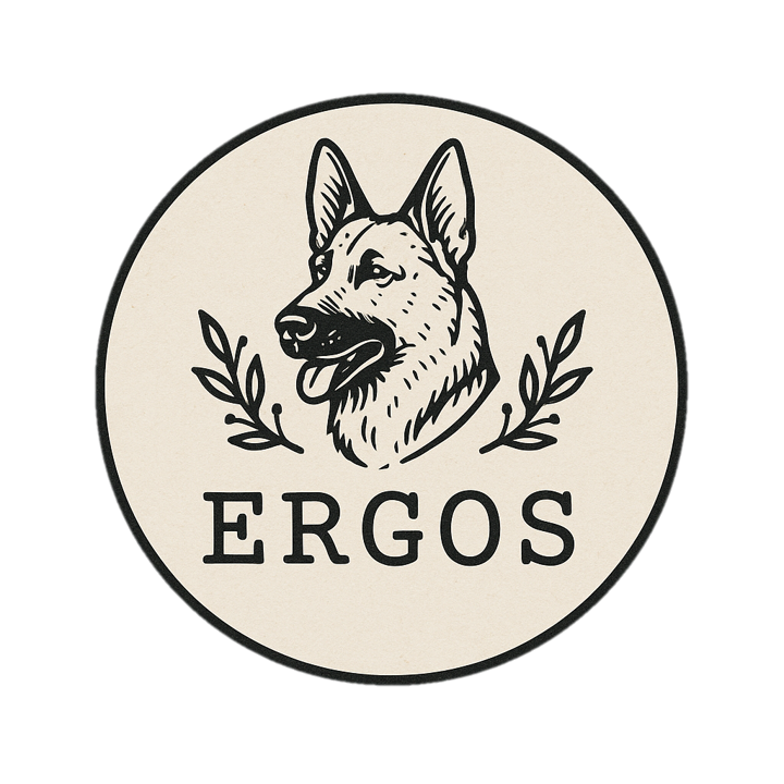 ERGOS Dog Food logo: German Shepherd with laurel branches